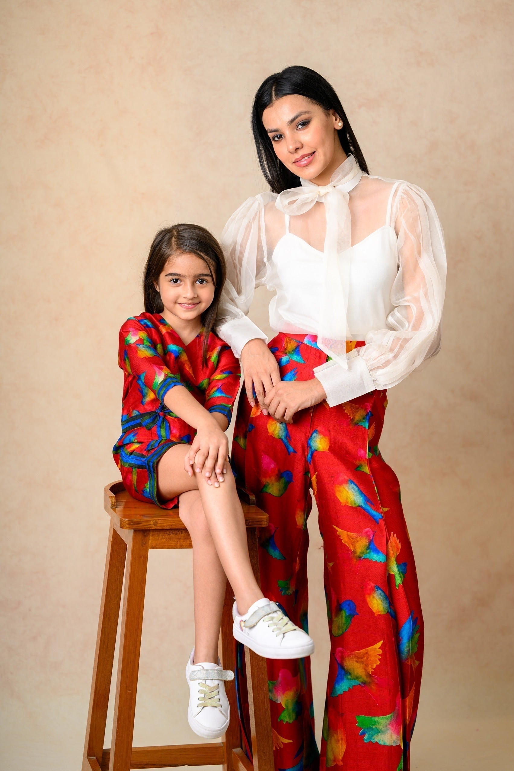 Pure silk organza with birds print twinning set for Mom + Daughter image 10