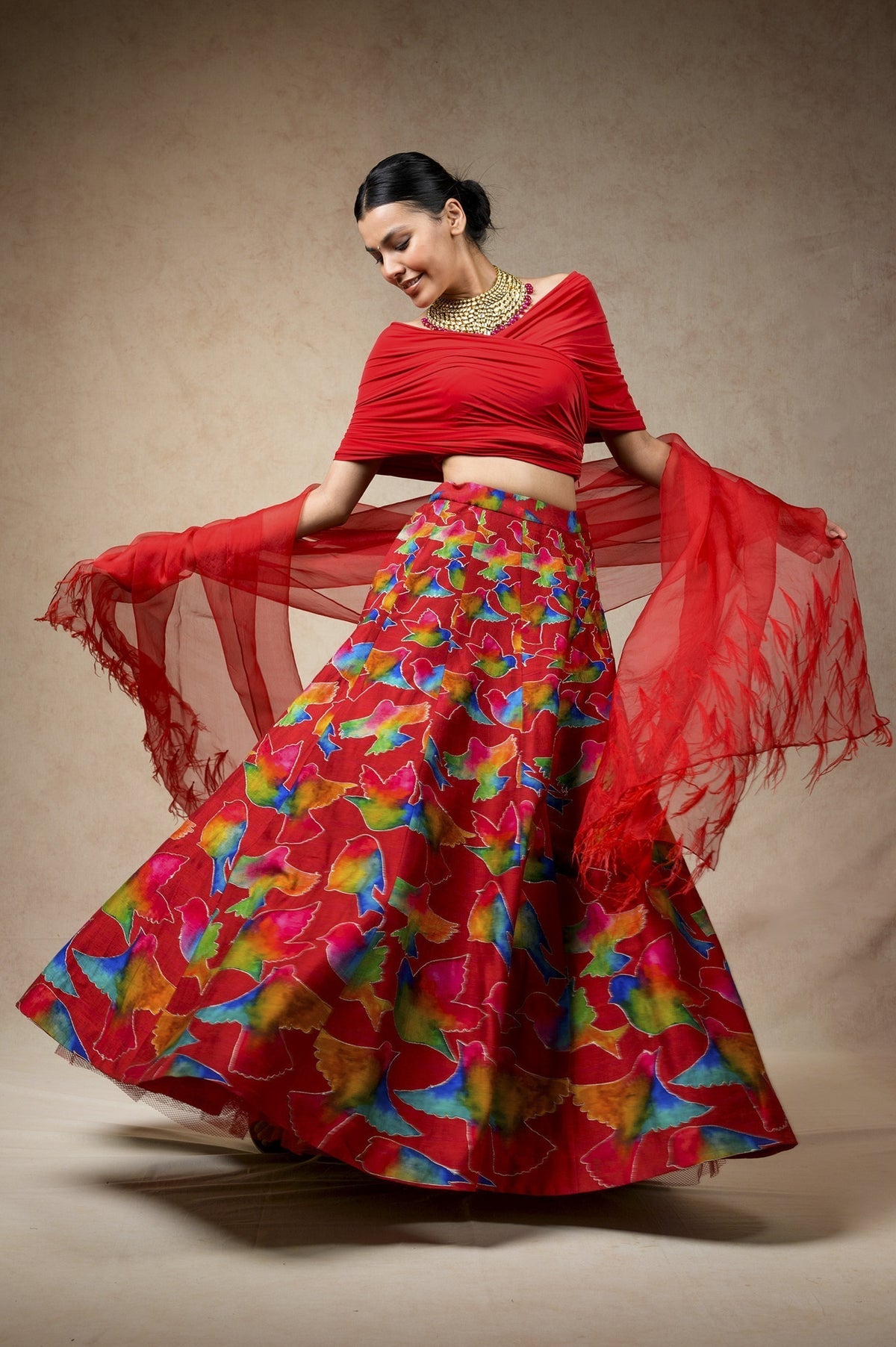 Hand Embroidred Lehenga With Drape Blouse And Feather Dupatta image 0