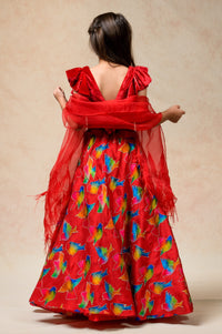 Hand Embroidered Lehenga With Ruffle Blouse And Feather Dupatta image 4