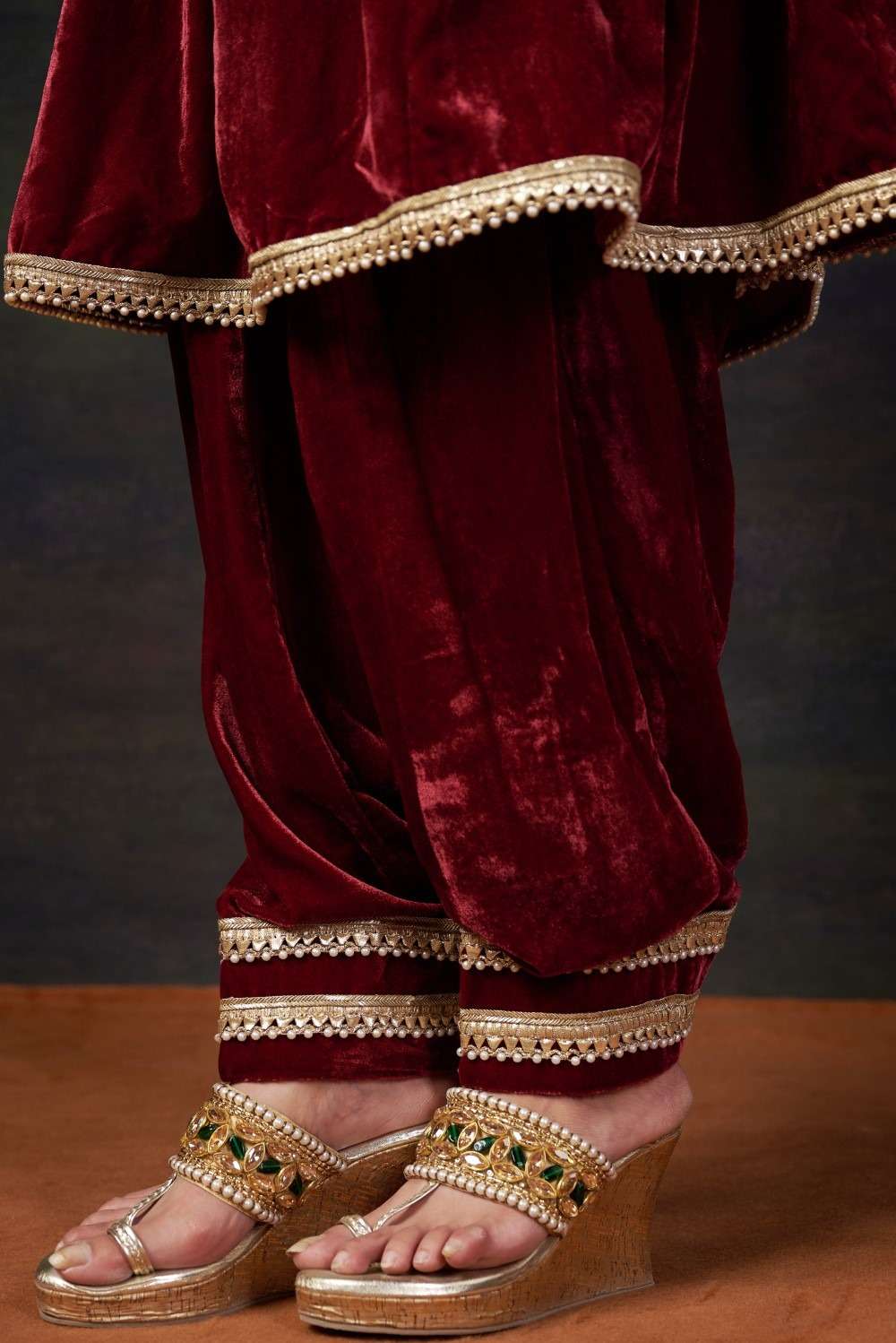 Hand-Embroidered Velvet Red Kalidar Anarkali Set image 8