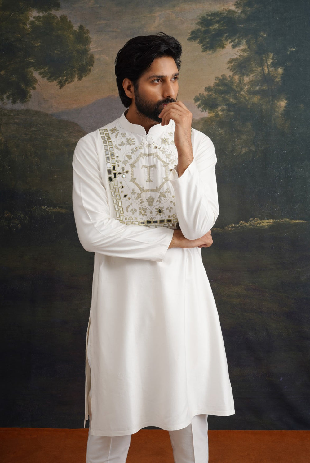 Ivory Hand-Embroidered Zari Work Logo Kurta with Matching Pant image 4