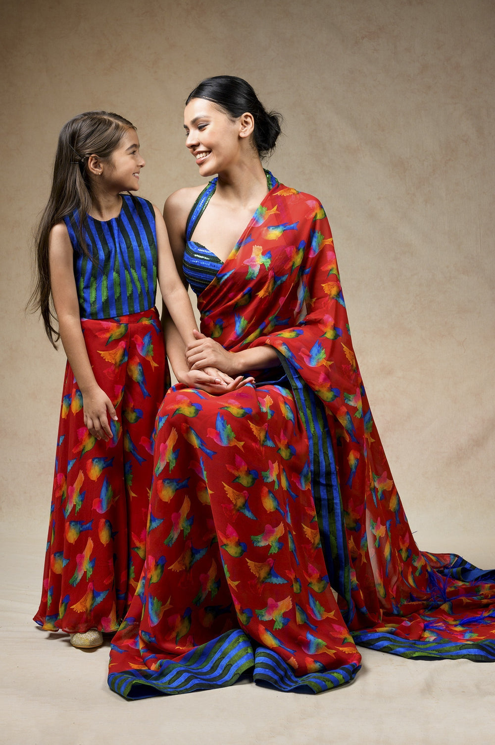 Birds print hand embroidered twinning set for Mom + Daughter image 0