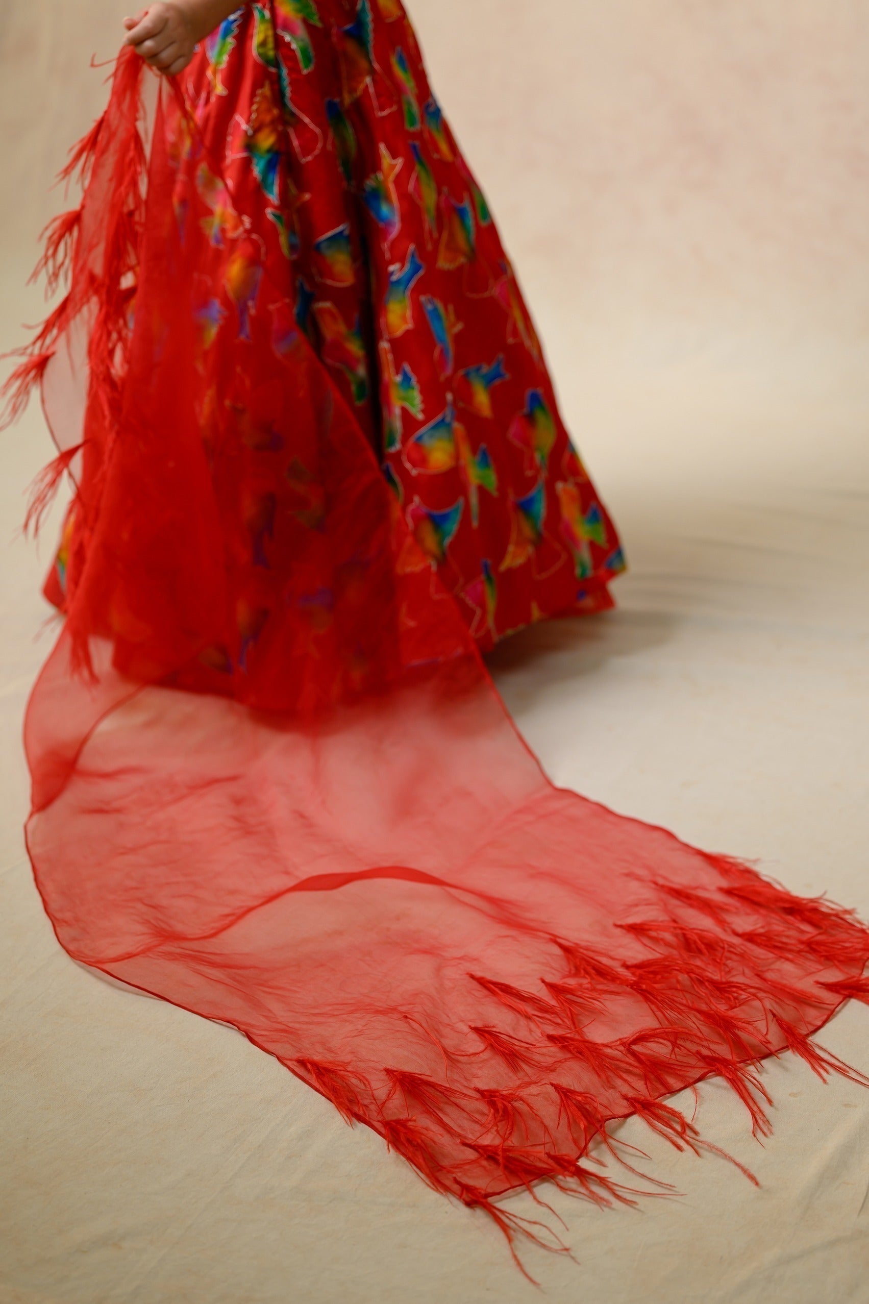 Hand Embroidered Lehenga With Ruffle Blouse And Feather Dupatta image 7