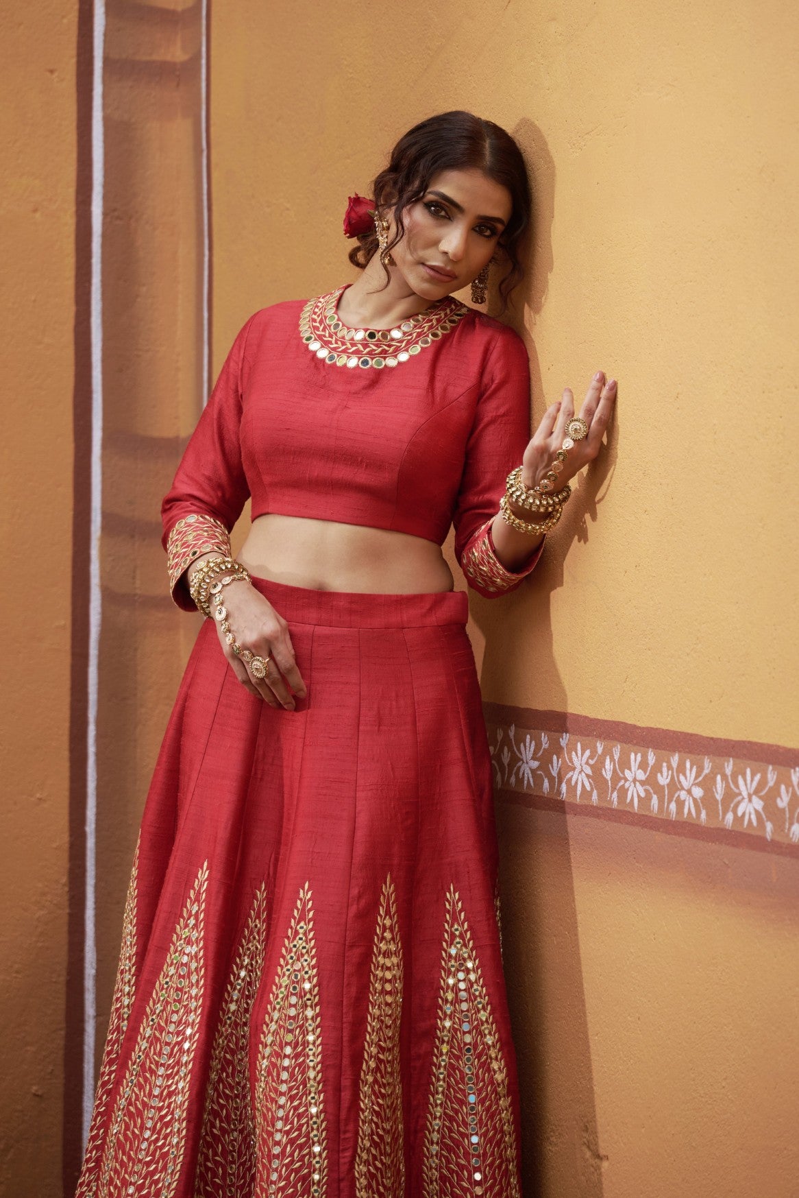 Kalidar red hand embroidered lehenga with blouse and dupatta image 3