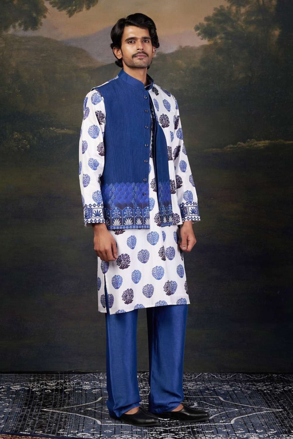 Buti Print Nehru Jacket with Kurta & Pyjama image 1
