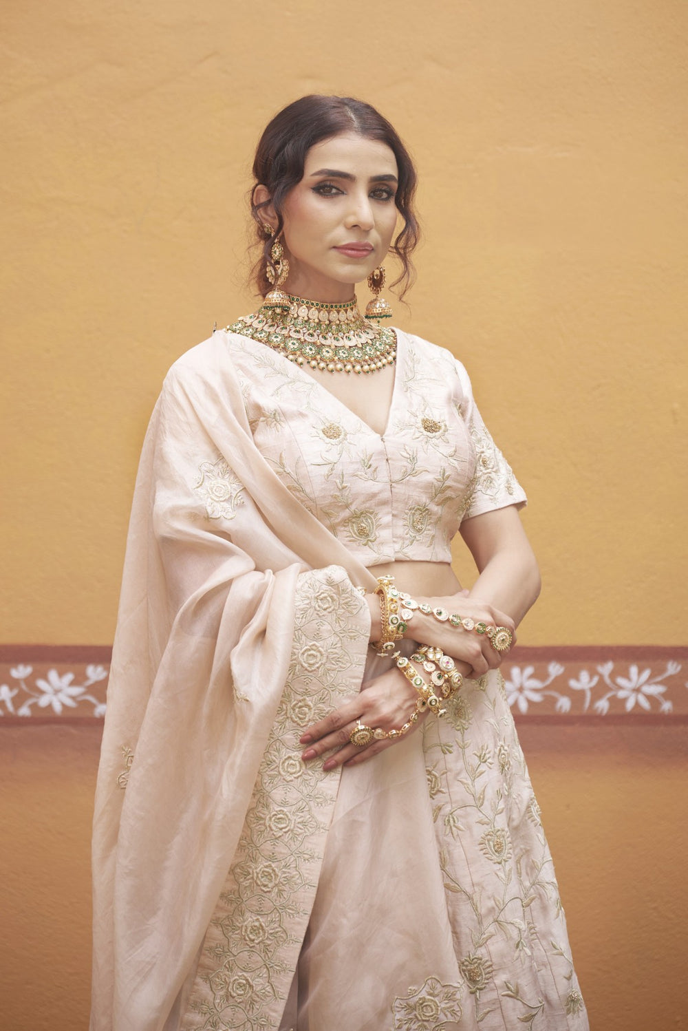 Ivory gold jaal work fully embroidered lehenga with blouse and dupatta image 5