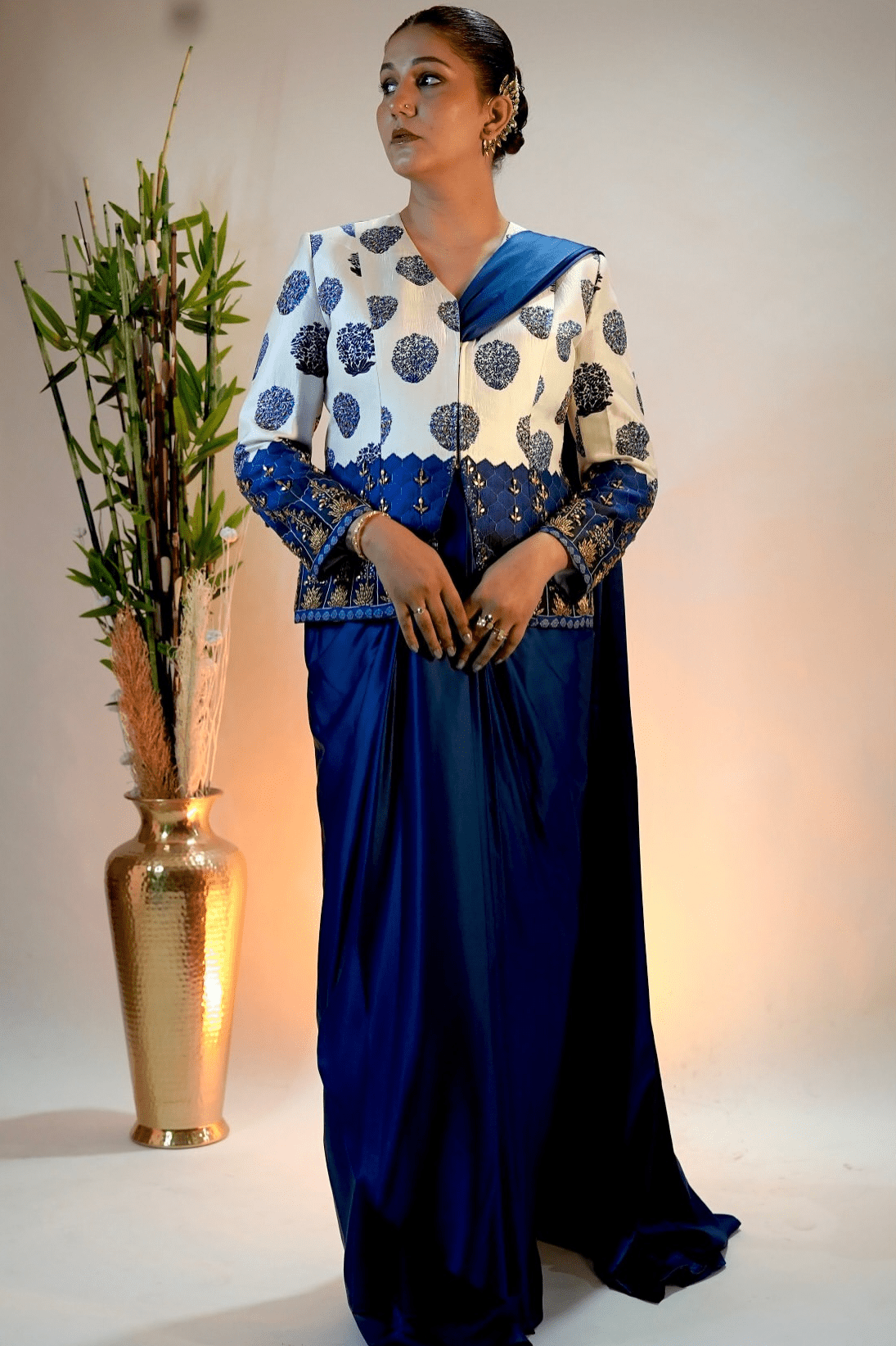 Celebrity Sapna Choudhary in Hand Embroidered Coat With Pre-Draped Saree image 3