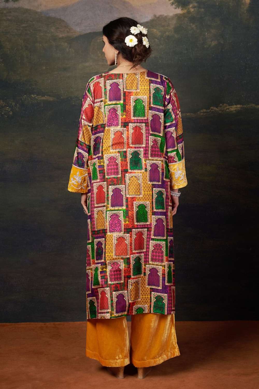 Hand-Embroidered Jharoka Print Yellow Kurta Set image 2