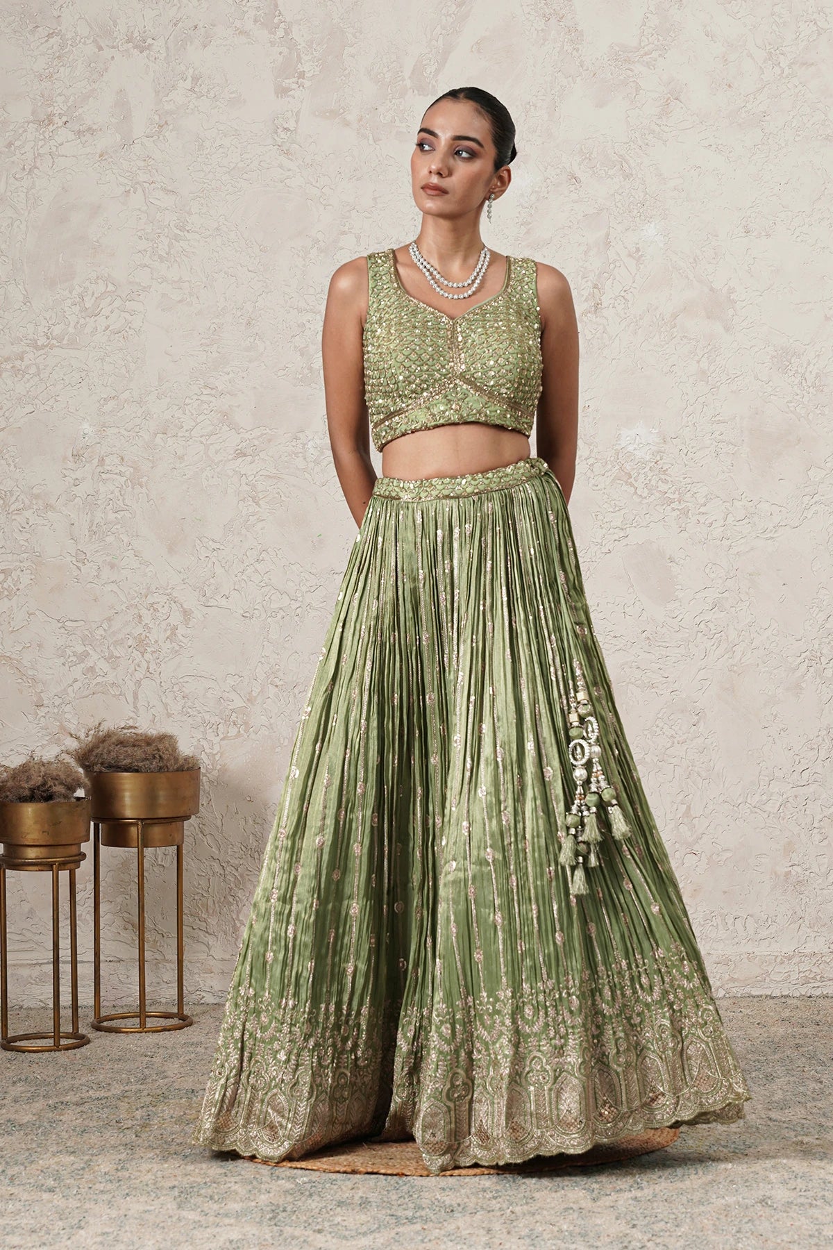 Hina Crushed Lehenga Set with Hand-Embroidered Blouse & Dupatta | Green | Polyester | Women | THETAA