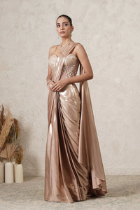 Sunehri Pre-Draped Saree with Hand-Embroidered Corset Blouse | Beige Gold | Imported Net | Women | THETAA