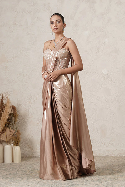 Sunehri Pre-Draped Saree with Hand-Embroidered Corset Blouse | Beige Gold | Imported Net | Women | THETAA