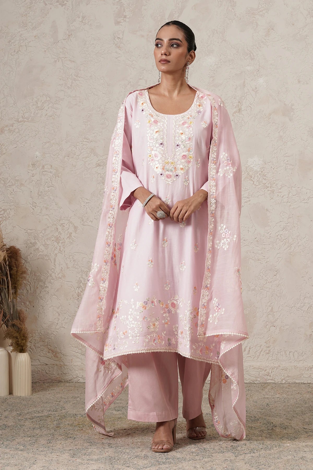 Gulabi Hand-Embroidered Kurta Palazzo Set with Dupatta | Light Pink | Chanderi & Satin | Women | THETAA