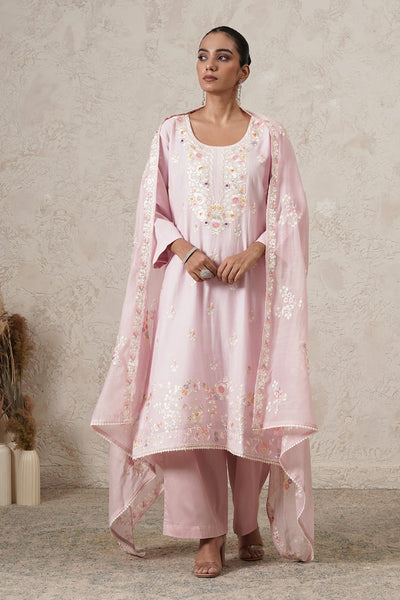 Gulabi Hand-Embroidered Kurta Palazzo Set with Dupatta | Light Pink | Chanderi &amp; Satin | Women | THETAA