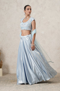Dariya Metallic Lehenga Set with Hand-Embroidered Blouse & Dupatta | Sea Blue | Polyester & Net | Women | THETAA