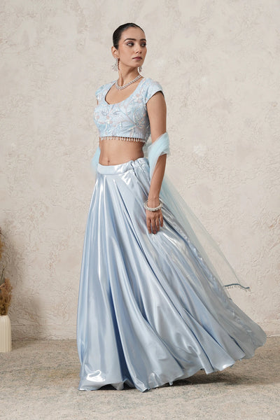 Dariya Metallic Lehenga Set with Hand-Embroidered Blouse &amp; Dupatta | Sea Blue | Polyester &amp; Net | Women | THETAA