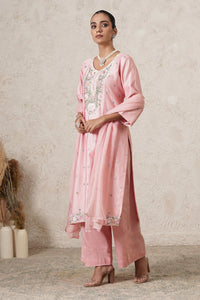 Gulnaar Hand-Embroidered A-Line Kurta Palazzo Set with Dupatta | Dark Pink | Chanderi & Satin | Women | THETAA