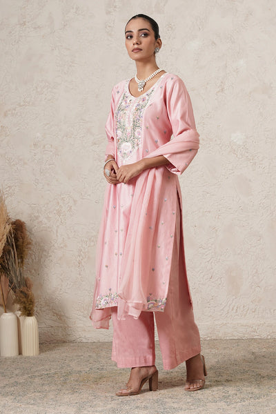 Gulnaar Hand-Embroidered A-Line Kurta Palazzo Set with Dupatta | Dark Pink | Chanderi &amp; Satin | Women | THETAA