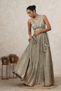 Pista Crushed Lehenga Set with Hand-Embroidered Blouse & Dupatta | Sage Green & Antique Gold | Polyester | Women | THETAA