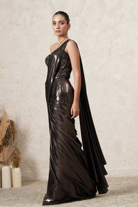 Siyahi Pre-Draped Saree with Hand-Embroidered Corset Blouse | Gunmetal & Black | Imported Net | Women | THETAA