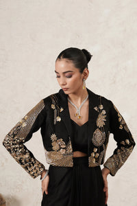 Aabhaas Dhoti Saree Set with Hand-Embroidered Cropped Jacket | Black & Antique Gold | Imported Net | Women | THETAA
