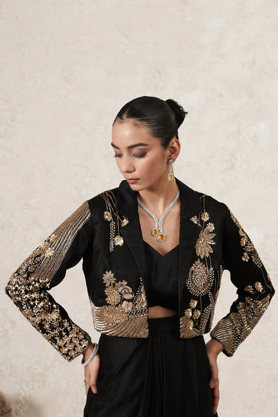 Aabhaas Dhoti Saree Set with Hand-Embroidered Cropped Jacket | Black &amp; Antique Gold | Imported Net | Women | THETAA