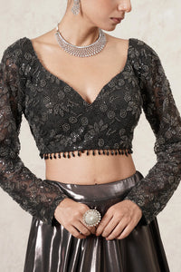 Saaya Metallic Lehenga Set with Hand-Embroidered Blouse & Dupatta | Gunmetal | Polyester & Net | Women | THETAA