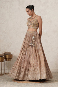 Sharbati Crushed Lehenga Set with Hand-Embroidered Blouse & Dupatta | Champagne Rose | Polyester | Women | THETAA