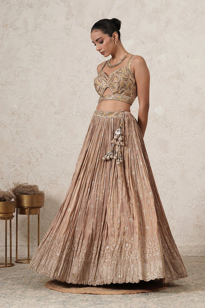 Sharbati Crushed Lehenga Set with Hand-Embroidered Blouse &amp; Dupatta | Champagne Rose | Polyester | Women | THETAA