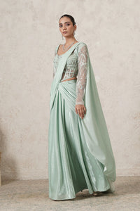 Jharokha Pre-Draped Saree with Hand-Embroidered Corset Blouse | Mint Green | Imported Net | Women | THETAA