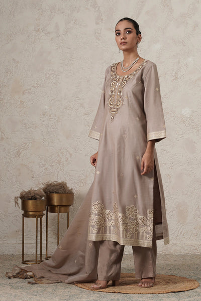 Thehraav Hand-Embroidered Kurta Palazzo Set with Dupatta | Beige | Chanderi &amp; Satin | Women | THETAA