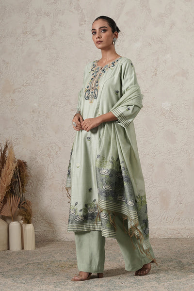 Dhaani Hand-Embroidered Kurta Set with Pants &amp; Dupatta | Sage Green | Chanderi &amp; Satin | Women | THETAA