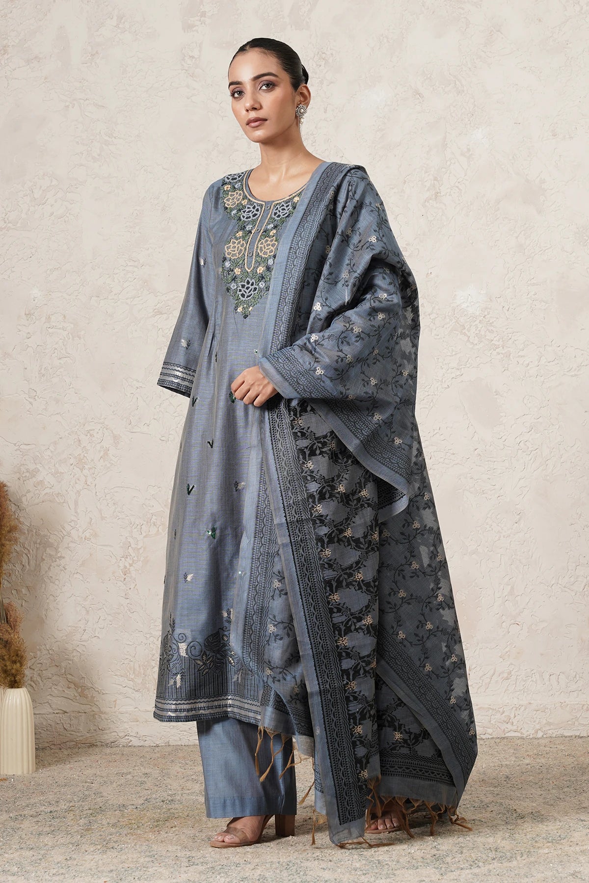 Parwaaz Hand-Embroidered Kurta Set with Pants & Dupatta | Slate Blue | Chanderi & Satin | Women | THETAA