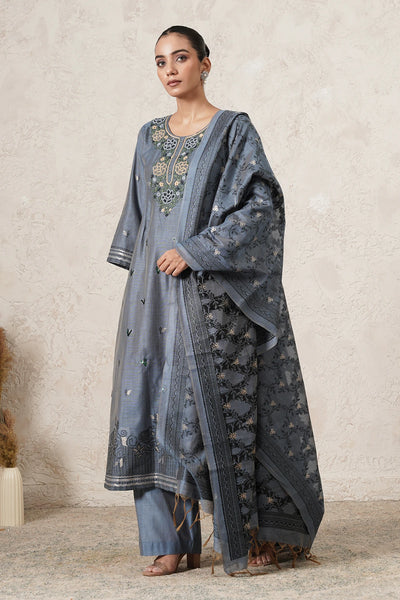 Parwaaz Hand-Embroidered Kurta Set with Pants &amp; Dupatta | Slate Blue | Chanderi &amp; Satin | Women | THETAA