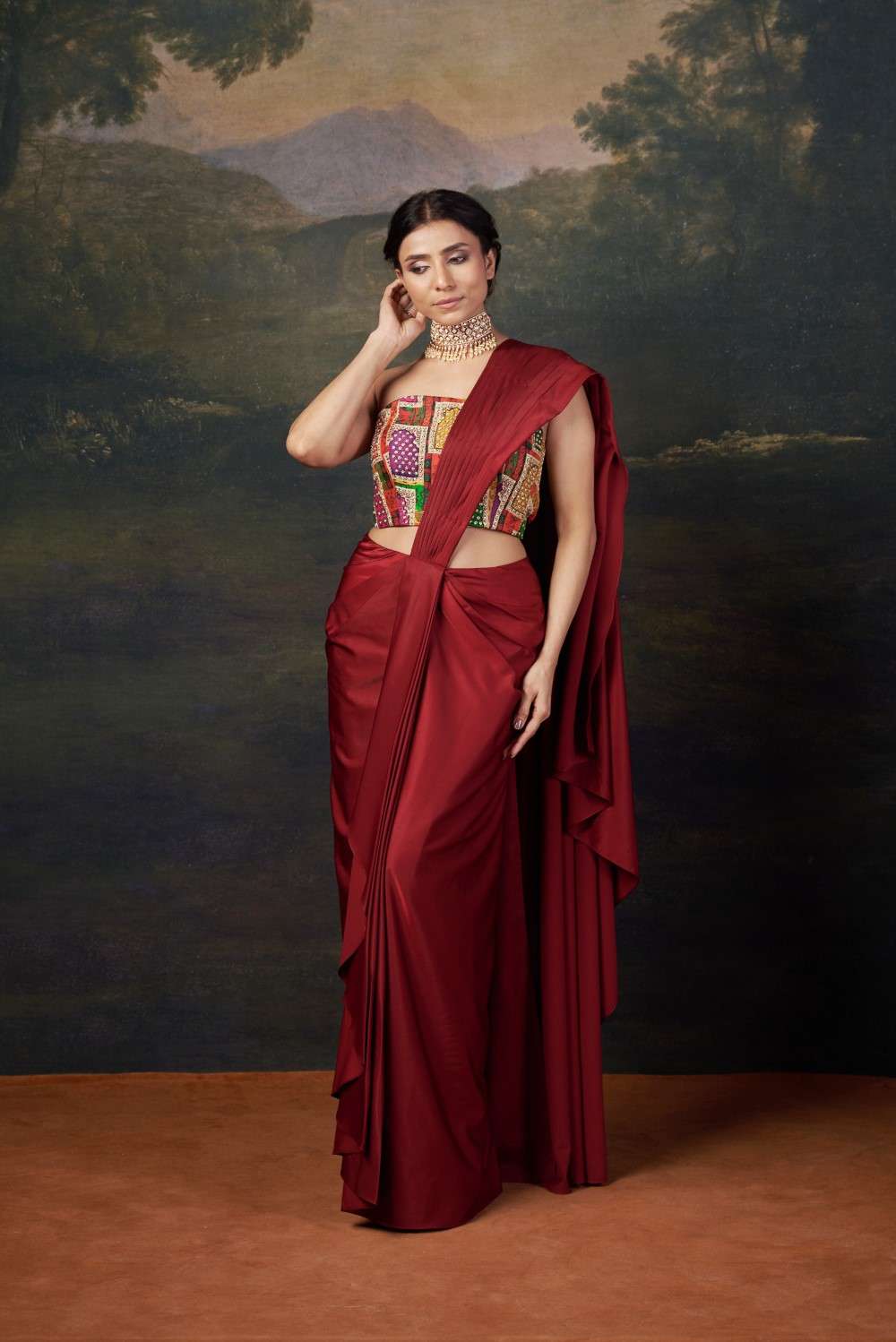 Stylish Strapless Hand-Embroidered Blouse with Pre-Draped Saree image 1
