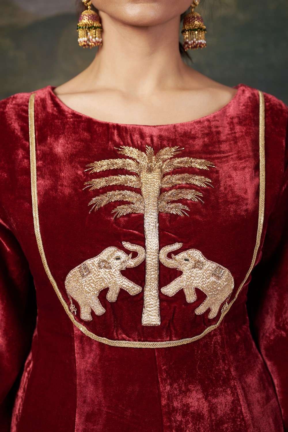 Hand-Embroidered Velvet Red Kalidar Anarkali Set image 6