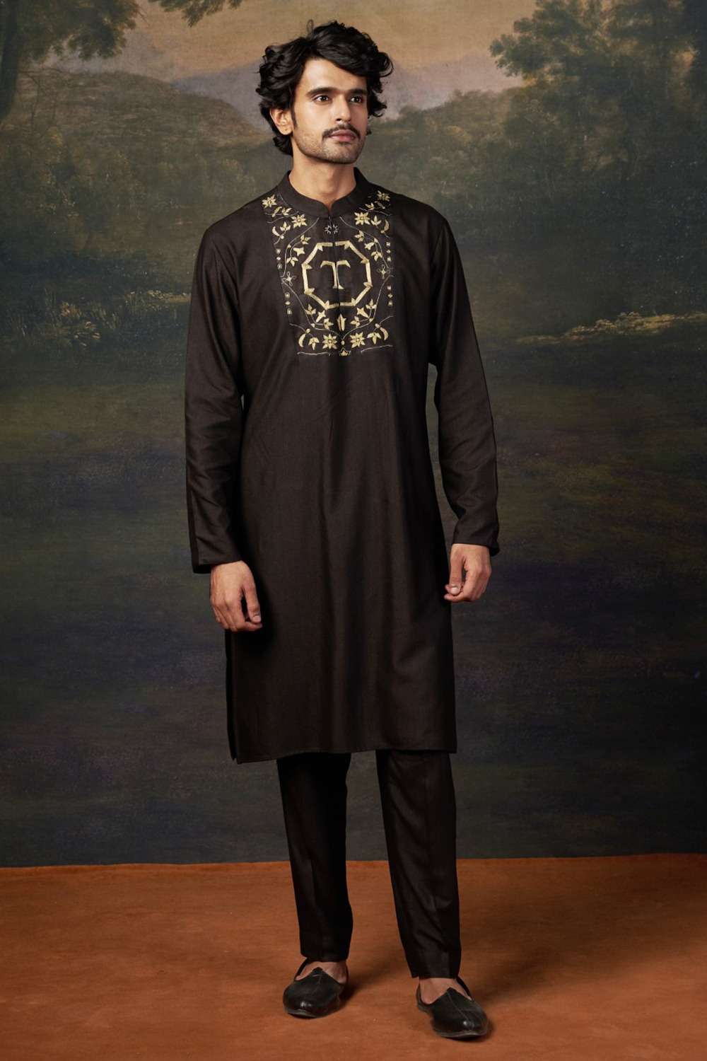 Hand-Embroidered Black Kurta Set image 2
