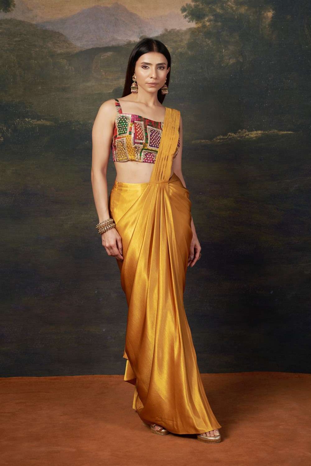 Hand embroidered blouse with pre draped liquid gold saree image 4