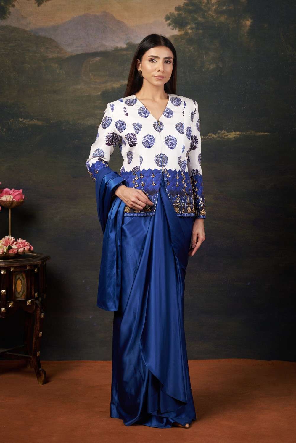 Celebrity Sapna Choudhary in Hand Embroidered Coat With Pre-Draped Saree image 5