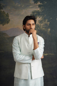Hand embroidered Mint Green mirror work kurta pajama with Nehru jacket image 1