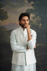 Hand embroidered Mint Green mirror work kurta pajama with Nehru jacket image 1