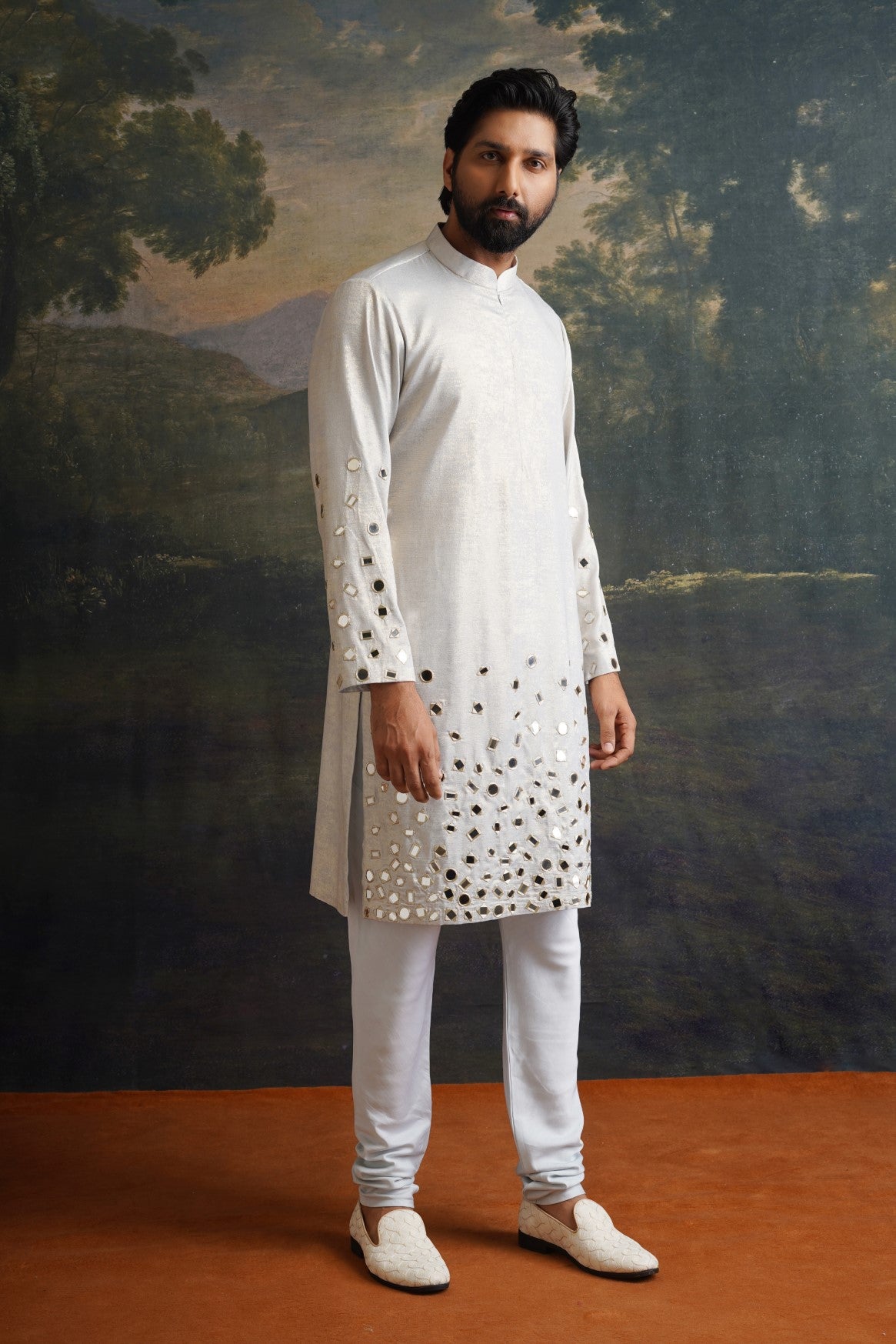 Silver ash Hand-Embroidered Mirror Work Kurta Set image 0