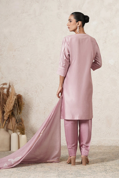 Mogra Floral Motif Kurta Set with Pants &amp; Dupatta | Mauve Pink | Chanderi &amp; Satin | Women | THETAA
