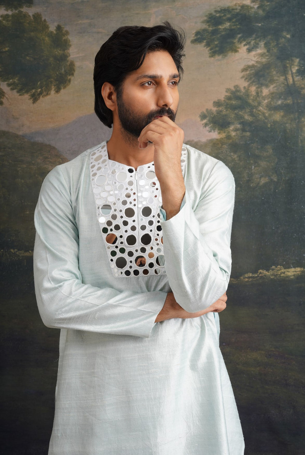 Hand embroidered Mint Green mirror work kurta pajama with Nehru jacket image 3