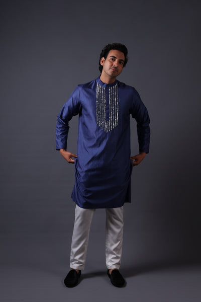 Frost grey gold fully hand embroidered mirror kurta set image 6