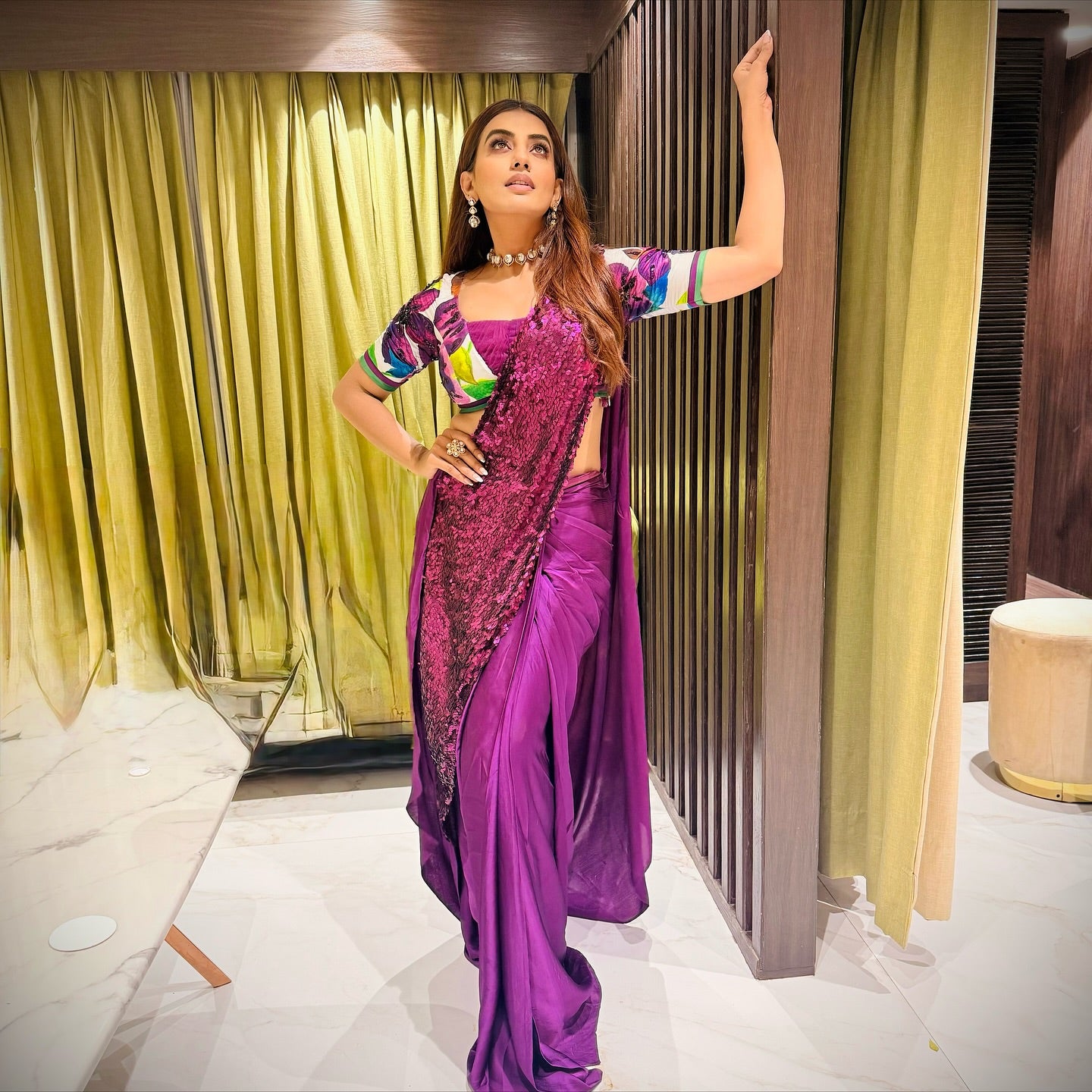 Celebrity Akshara Singh in our Magenta Signature Print Hand-Embroidered Saree
