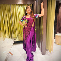 Celebrity Akshara Singh in our Magenta Signature Print Hand-Embroidered Saree