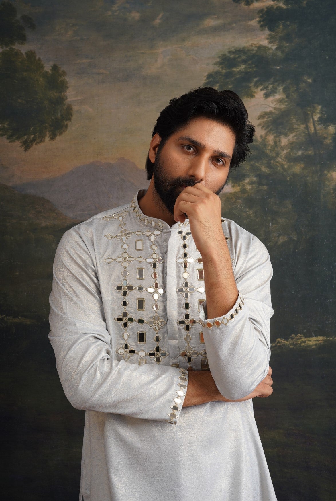 Ice grey gold hand emroidered kurta set image 1