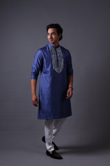 Frost grey gold fully hand embroidered mirror kurta set image 3