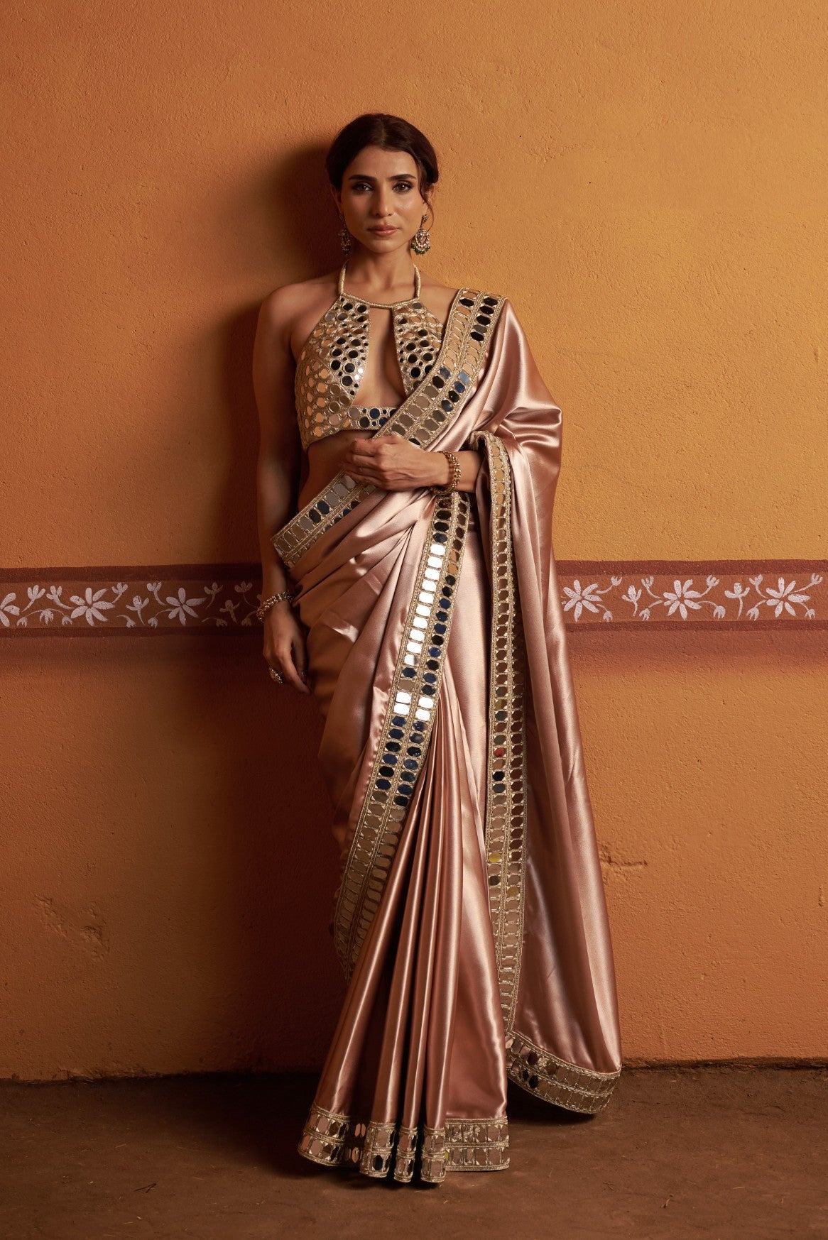 Clay tone fully hand embroidered blouse with mirror work border saree image 8