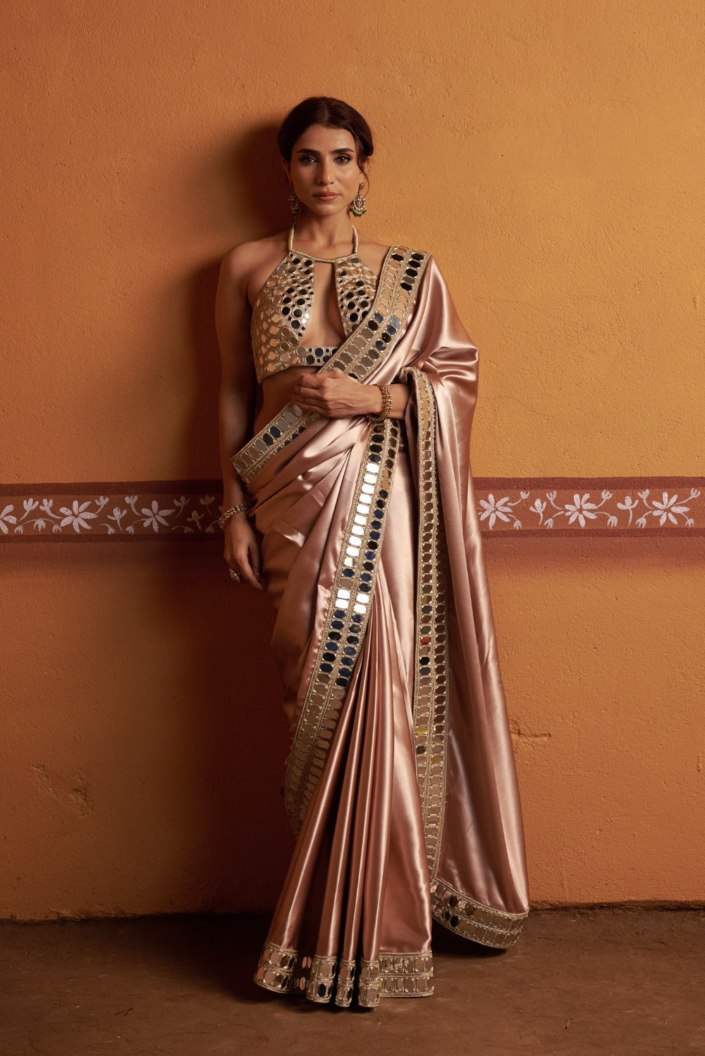 Clay tone fully hand embroidered blouse with mirror work border saree image 8